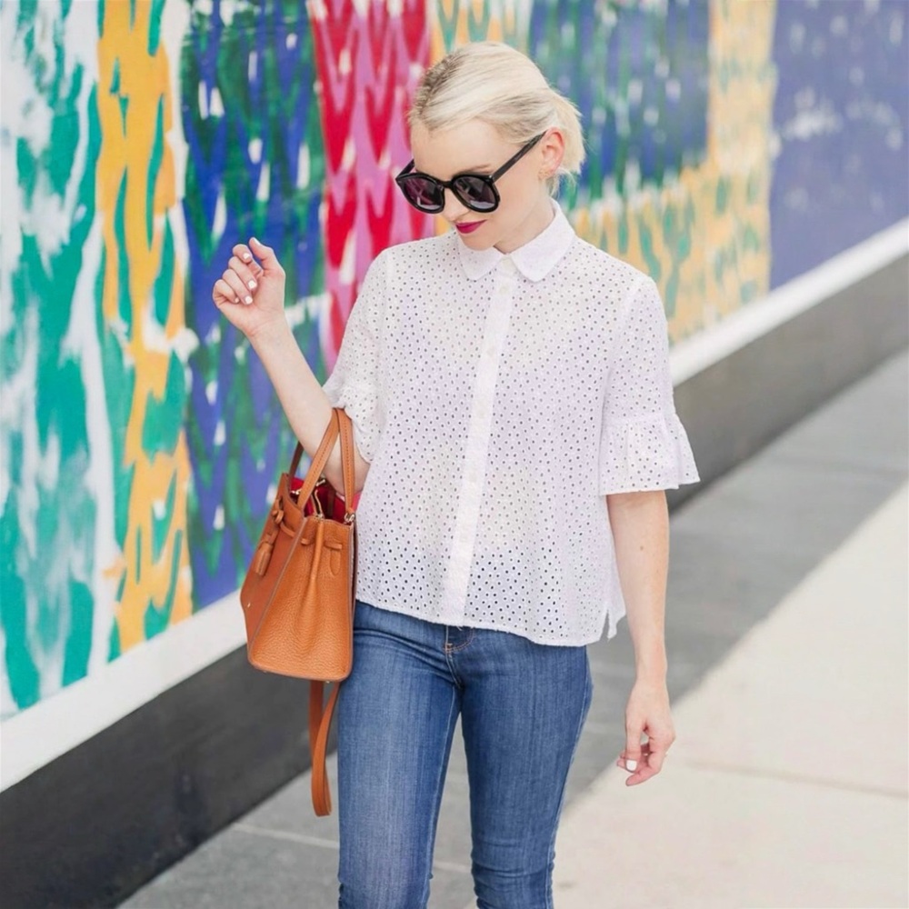Madewell White Eyelet Ruffle Sleeve Blouse
